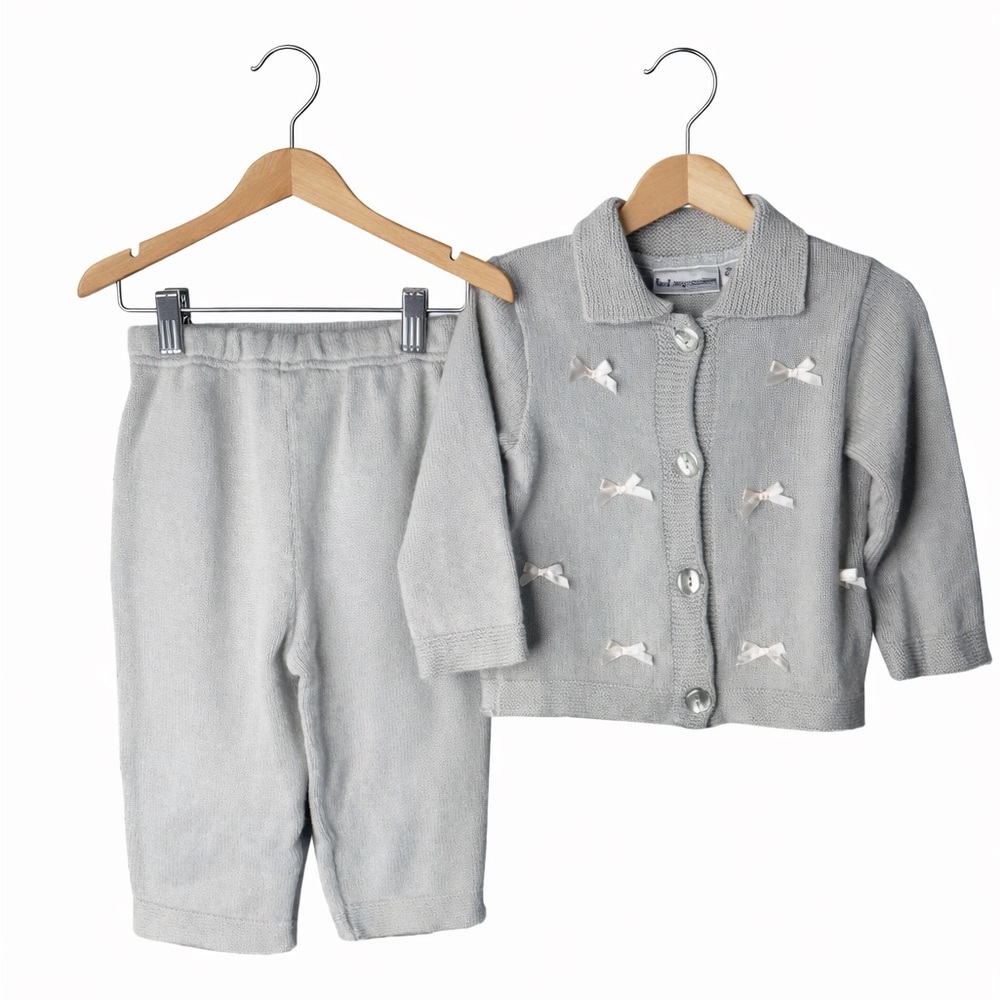 Vintage First Impressions Knit Set 18M Gray Bow Cardigan Pants Baby Outfit